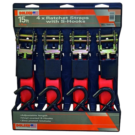 Doleco Ratchet Strap Utility 1" x 15' with vinyl S-Hooks, 266 lbs WLL 38000015