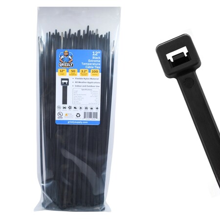 Grizzly Supply Extreme Temp Cable Tie, 12 in L, 50 lb Strength, 3.3 in Max Bundle Dia, Nylon, UV-Res, Black, 100PK GS-FT12-50-0C