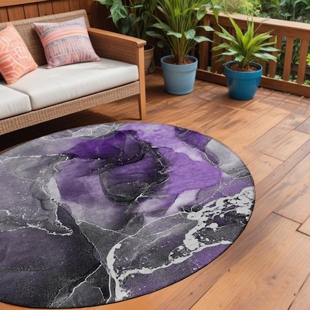 Homeroots 8' Round Gray and Purple Round Abstract Washable Non Skid Indoor Outdoor Area Rug 559474