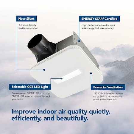 Broan-Nutone Roomside Exhaust Fan with Light, 0.45 A, 120 V, 110 cfm Air, 1 sones, LED Lamp, 4 in Duct, White AER110CCTK