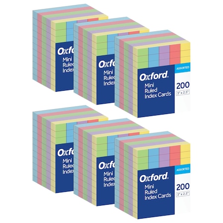 Oxford Mini Index Cards, 3" x 2.5", Ruled, Assorted Colors, 1200PK OXF10010