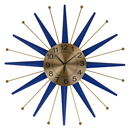 Homeroots 27" Blue And Gold Metal Silent Analog Starburst Wall Clock 626371
