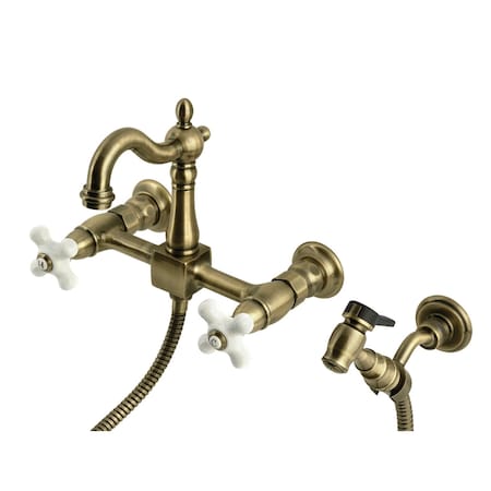 Kingston Brass Two-Handle Wall Mount Bridge Kitchen Faucet with Brass Sprayer, Antique Brass KS2443PXBS