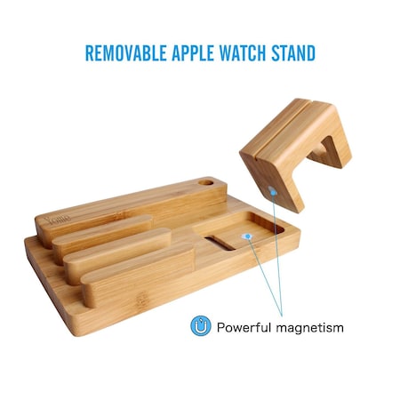 Trexonic Bamboo 4-Port Apple Watch and Iphone Charging Stand with 3 Device Slots and Pen Holder TRX-1100WOOD