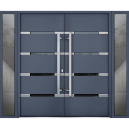 Vdomdoors Steel Double Doors Deux 1105 Gray Graphite 2 Sidelight Exterior Windows Stainless Inserts Single Mo DEUX1105DEXD-GRE-RH-W14+72+14 x H80