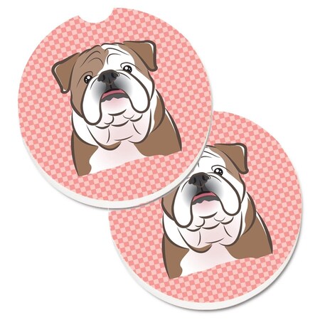 Carolines Treasures Checkerboard Pink English Bulldog Set of 2 Cup Holder Car Coaster BB1219CARC