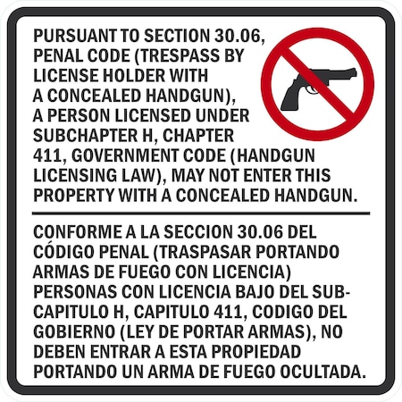 Lyle Sec. 30.06 Trespass By License Holder With Concealed Handgun, 30x30, Diamond Grade, White G-15547-DG_30x30