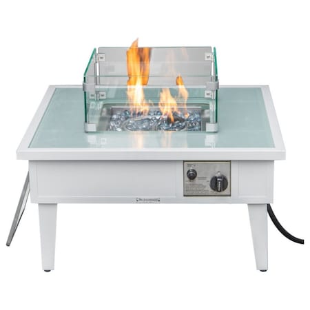 Leisuremod Walbrooke Outdoor Patio Aluminum Square Fire Pit Side Table with Lid and Fire Glass, White WW-27-GL