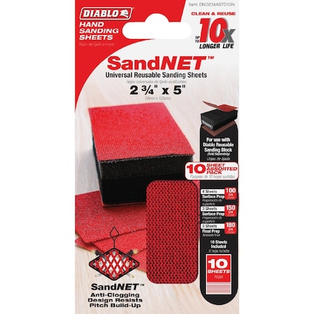Diablo SandNET 2-3/4'' x 5'' 100/150/180-Grit Reusable Hand Sander Refill Sheets, 10PK DND234ASTD10N