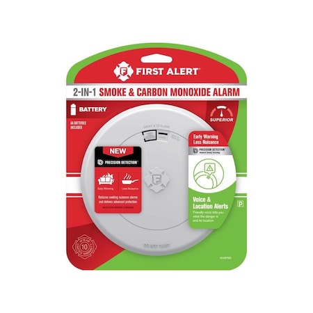 First Alert Smoke & CO Detector, Voice & Location Alert, Battery Powered, Photoelectric Sensor 1046795
