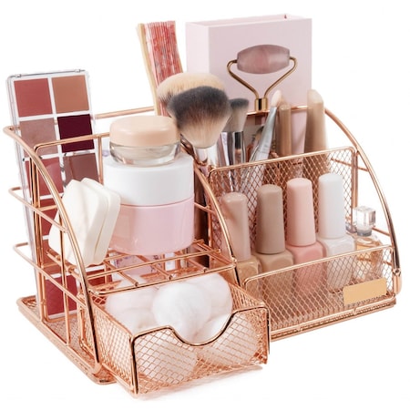 Homeroots Stylish Rose Gold Makeup And Skin Care Organizer For Vanity 388478