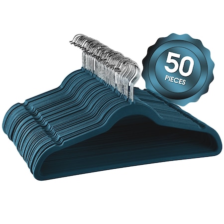 Elama Home 50 Piece Flocked Velvet Clothes Hangers with Stainless Steel Swivel Hooks in Blue HANGER50PIECEBLUE