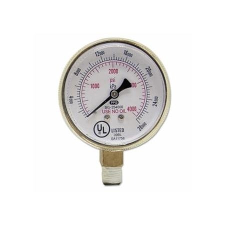 Best Welds Pressure Gauge, 2-1/2 in, 4000 psi, Brass, 1/4 in NPT 900-B254000