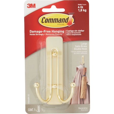 Command Large Decorative Double Hook Satin Brass 1 Hook 1 Strip 17036BR-ES