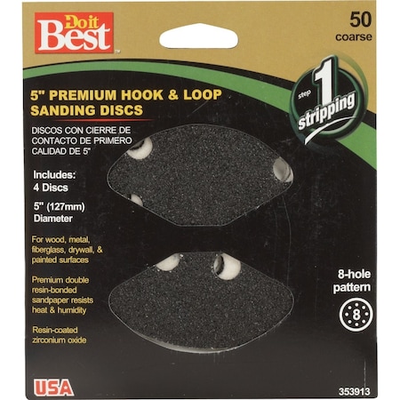 Do It Best 5'' 50-Grit 8-Hole Pattern Black Zirconium Vented Sanding Disc with Hook & Loop Backing, 4PK 7723004