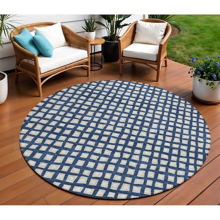 Homeroots 8' Navy Blue And Ivory Round Geometric Washable Indoor Outdoor Area Rug 583278