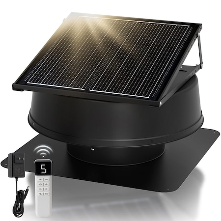 Wrightmaster 55-Watt 1200 CFM Black Aluminum Roof Mount Solar Attic Fan with Smart Power Adapter and Remote ZR-SAF-55