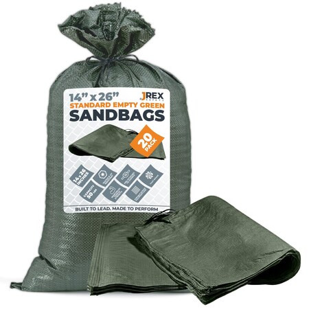 Jrex Safety Woven Green Polypropylene Sandbags - 14 x 26 in, 50 lb Capacity, 20PK SBG-JR-1426-20PK