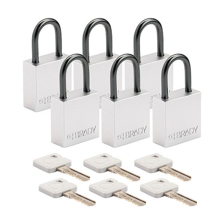 Brady Lockout Padlock, Keyed Alike, Aluminum, Silver, 1 in Shackle Height, 1 1/4 in Body Width, 6 PK CPAL-WHT-25AL-KA6