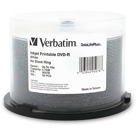 Verbatim DVD-R 4.7GB 16X DataLifePlus White Inkjet Printable - 50pk Spindle - 4.7GB - 50pk Spindle 95078