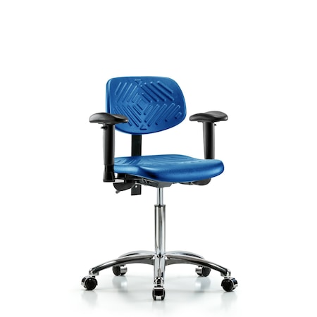 Blue Ridge Ergonomics Poly Chair Chrome, Med Bench, Arms, Casters, Blue BR-PMBCH-CR-T0-A1-NF-CC-BLU