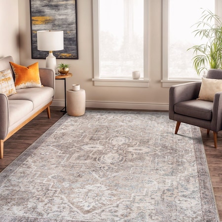 World Rug Gallery Beige Floral Medallion Washable Rug - Low Pile, Non-Slip 5 ft x 7 ft WR174BEIGE5X7