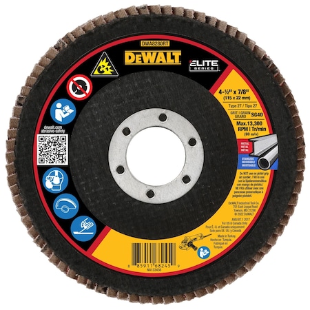 Dewalt Flap Disc, Type 27, 4 1/2 in, 7/8 in DWA8280RT