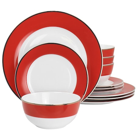 Martha Stewart Gold Rimmed 12 Piece Fine Ceramic Dinnerware Set in Red 97244.12
