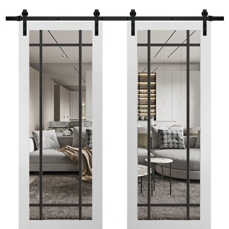 Sartodoors Sturdy Double Barn Door with Clear Glass, Lucia 2266 White Silk and Aluminum Strips, 13FT Rail Han LUCIA2266DB-WS-72 x 80 (2* 36x80)