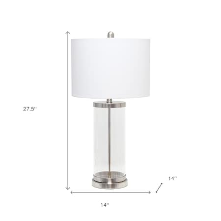 Homeroots 28" Clear And Nickel Glass And Metal Table Lamp With White Drum Shade 643483