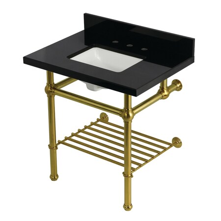 Kingston Brass 30-Inch Black Granite Console Sink with Brass Legs and Shelf, 8-Inch, 3-Hole KVPK3030KBSQB7