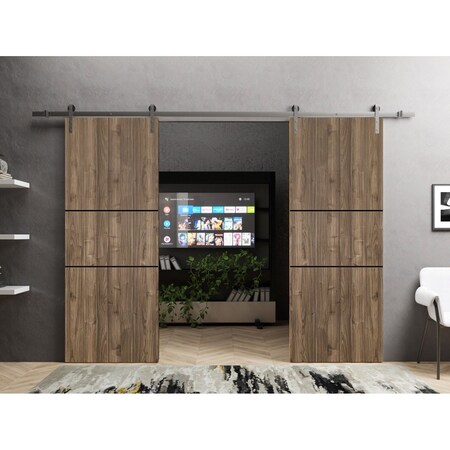 Sartodoors Sliding Double Barn Doors with Hardware, Planum 0014 Walnut and Aluminum Strips, 13FT Rail Hangers PLANUM0014DB-S-WLN-56