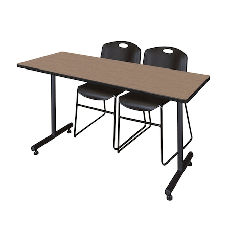 Regency Kobe T-Base Training Seminar Table W/ 2 Zeng Stack Chairs, 66 in W, 24 in L, Noble Oak MKTRCT6624NO44BK