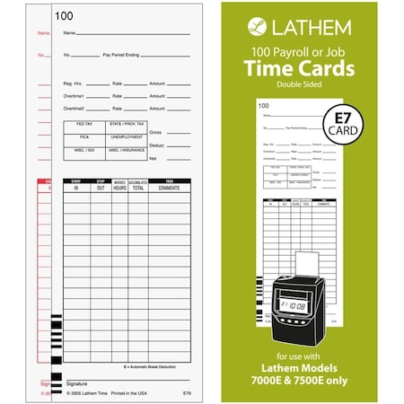 Lathem Time Time Clock Cards for 7000E/7500E, Two Sides, 3.38 x 8.78,100PK E79-100