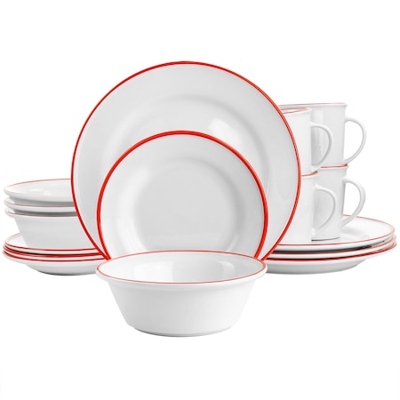 Martha Stewart Red Rimmed Fine Ceramic 16 Piece Dinnerware Set 127299.16