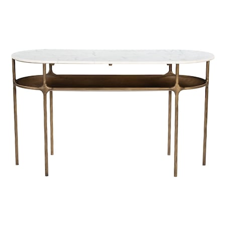 Homeroots 50" White and Brass Genuine Marble and Iron Oval Six Leg Console Table With Shelf 668878