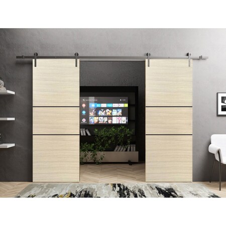 Sartodoors Sliding Double Barn Doors with Hardware, Planum 0014 Natural Veneer and Aluminum Strips, 13FT Rail PLANUM0014DB-S-SHP-7284