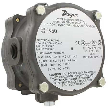 Dwyer Instruments Explosion Proof Pressure Switch, Standard, SPDT, 1/8" FNPT, 4 to 20 in H2O Range, Aluminum 1950-20-2F