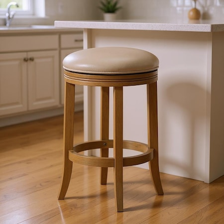 Homeroots 26" Beige and Natural Faux Leather and Solid Wood Backless Counter Height Swivel Bar Chair 632414