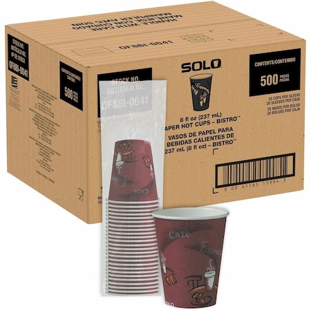 Dart SOLO BISTRO DESIGN HOT DRINK CUPS, PAPER, 8OZ, MAROON, 500/CARTON, PK500 OF8BI0041