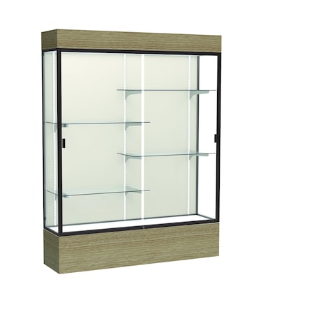 Ghent 80''H x 60''W x 16''D Reliant Driftwood Oak Display Case w/ Plaque Back & Dark Bronze Frame 2175PB-BZ-DK