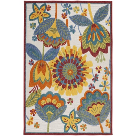 Homeroots 4' X 6' Ivory Blue Orange Red And Yellow Floral Indoor Outdoor Area Rug 546847