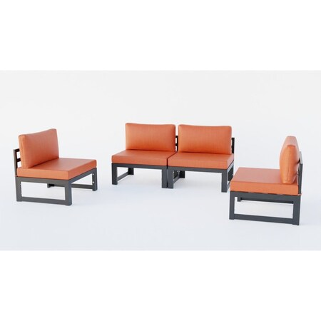 Leisuremod Chelsea 4-Piece Middle Patio Chairs Black Aluminum With Orange Cushions CSBL-4OR