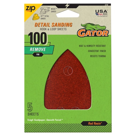 Gator Finishing Red Resin Detail Sanding Hook and Loop Sheets, 100 Grit, 5PK 3732