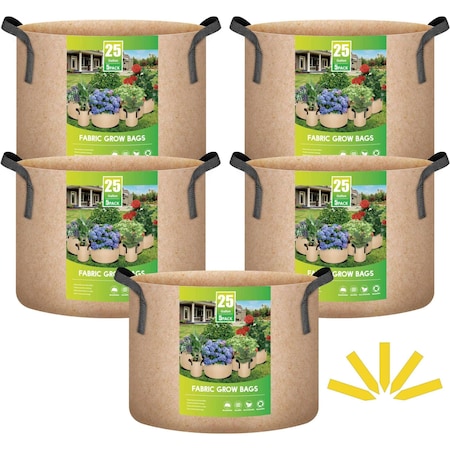 Ipower 25 Gallon Tan Grow Bags, Garden Planting Nonwoven Fabric Pots, 5PK GLGROWBAG25X5TANV5