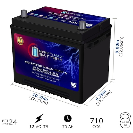 Mighty Max Battery MM-G24 Start and Stop Car BCI Group Size 24 12V 70Ah, 120RC, 710 CCA Rechargeable AGM Car battery MAX4159083