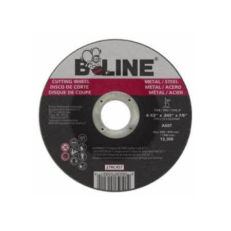 B-Line Abrasives Depressed Center Cutting Wheel, 4-1/2 in dia, 0.045 in Thick, 7/8 in Arbor, 60 Grit, 25PK 903-27RC457