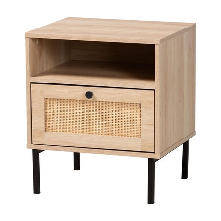 Baxton Studio Caterina MidCentury Transitional Natural Brown Finished Wood and Natural Rattan 1Door Nightstand 220-12861-ZORO