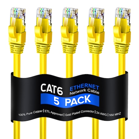Maximm 15ft Cat6 Pure Copper UTP Ethernet Cable, 5PK, Yellow, 5PK CAT6622