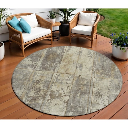 Homeroots 8' Beige Gold And Khaki Round Abstract Washable Indoor Outdoor Area Rug 618765
